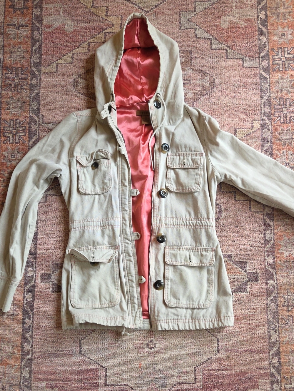 Womens Hooded Utility Jacket - Beige with Pink Lining